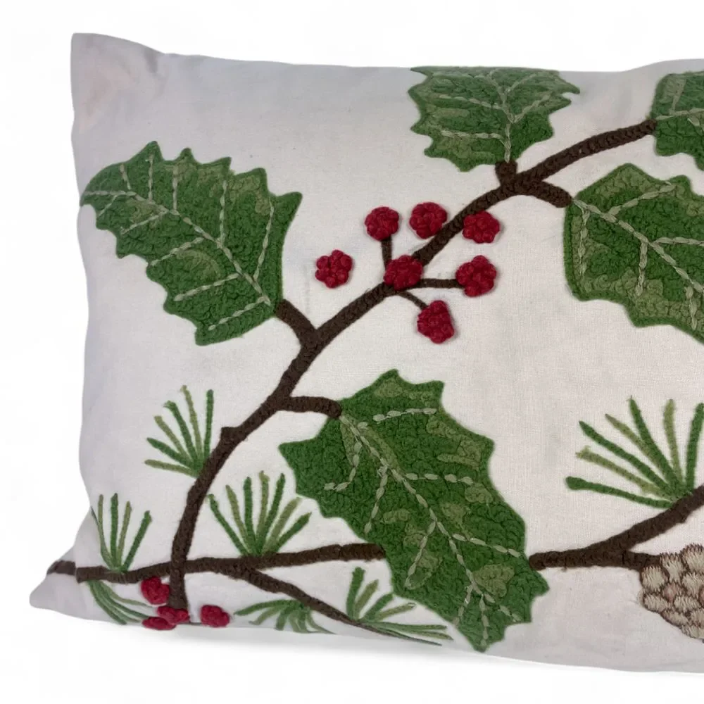 Pottery Barn Pillow Crewel Embroidered Holly Berries Pine Cones Lumbar 16x26